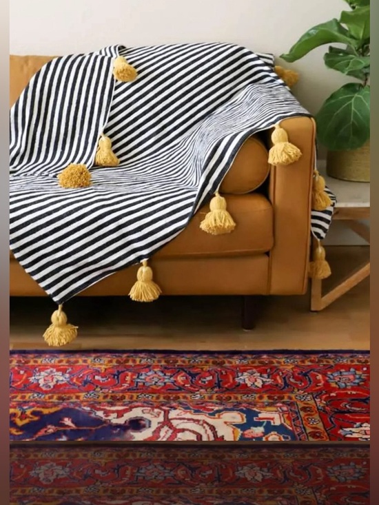 Handmade Other - NWT Cotton black and white blanket with mustard yellow pompoms